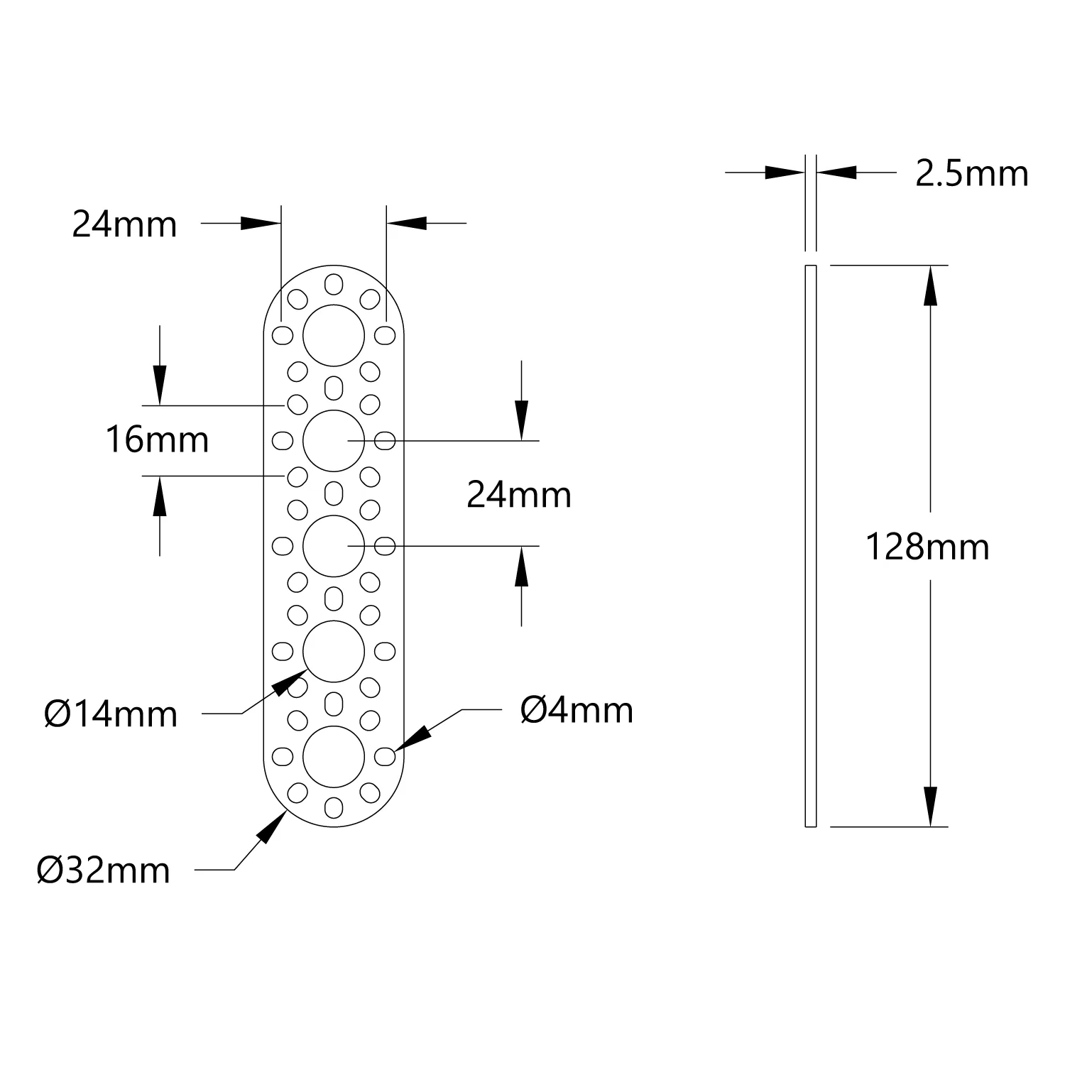 3105 Series Round-End Pattern Plate (5 Hole, 128mm Length) technical drawing