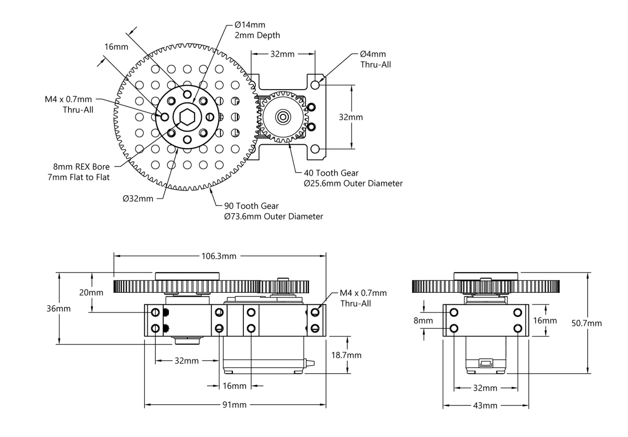 Stingray-3 Servo Gearbox (0.51 sec/60°, 20RPM, 1050 oz-in Torque, 600° Rotation) technical drawing