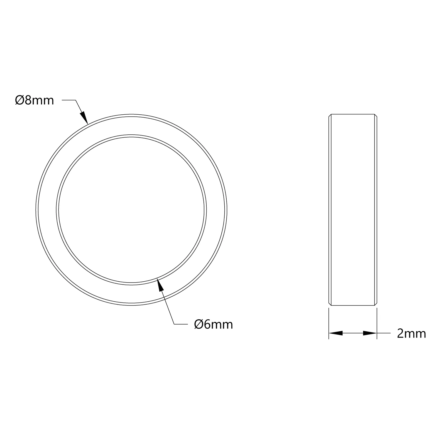3521 Series 6mm ID Spacer (8mm OD, 2mm Length) technical drawing