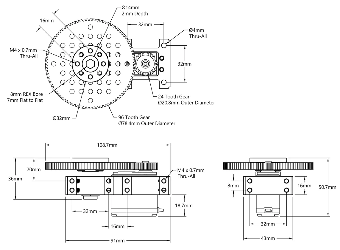 Stingray-4 Servo Gearbox (0.68 sec/60°, 15 RPM, 1400 oz-in Torque, 450° Rotation) technical drawing