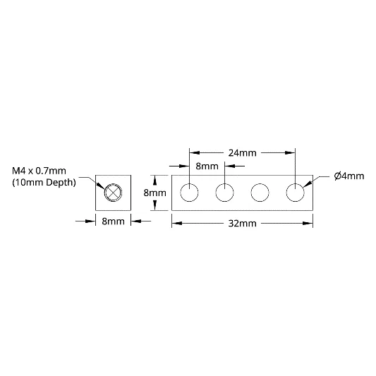 3106 Series Square Beam (4 Hole, 32mm Length) technical drawing