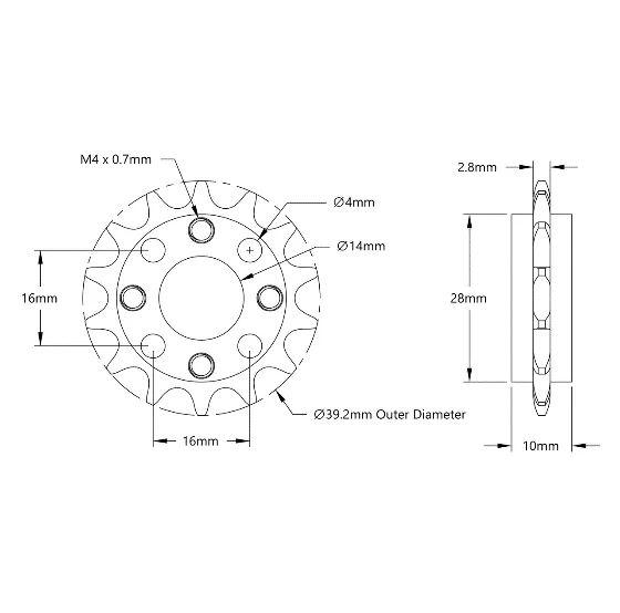 5310 Series 8mm Pitch Aluminum Hub Mount Sprocket (14mm Bore, 14 Tooth) technical drawing