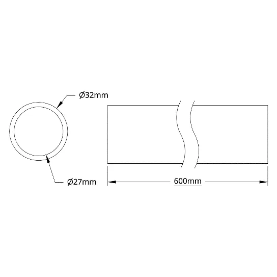 6100Series Aluminum Tube (27mm ID x 32mm OD, 600mm Length) technical drawing