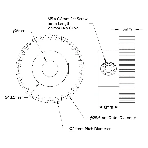 S4304 Series Steel, MOD 0.8, Round Bore, Set Screw Pinion Gear (6mm Bore, 30 Tooth) technical drawing
