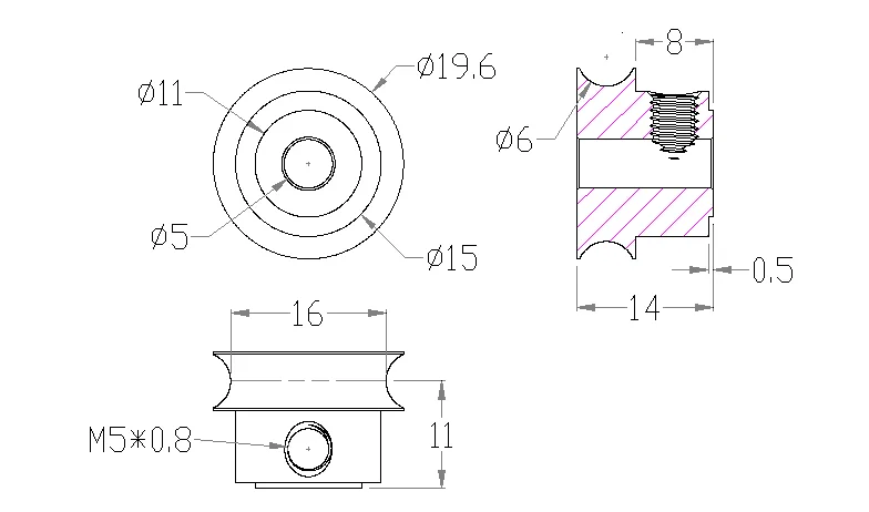 5401 Series Set Screw Round Belt Pulley (5mm Bore, 16mm PD) technical drawing
