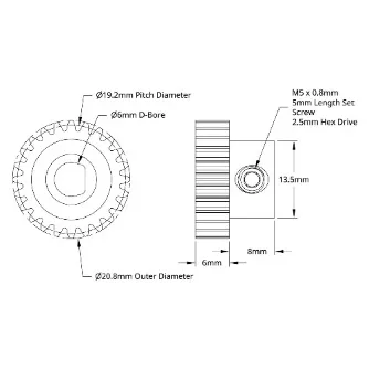4303 Series Steel, MOD 0.8 Pinion Gear (6mm D-Bore, 24 Tooth) technical drawing