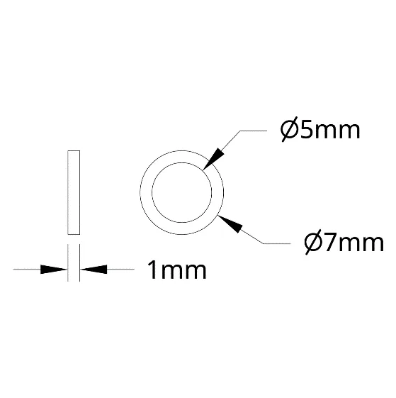 3500 Series Plastic Spacer (5mm ID x 7mm OD, 1mm Thickness) technical drawing