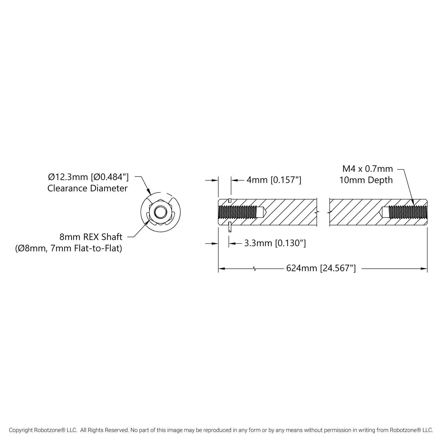 4106 Series Stainless Steel REX Shaft (8mm Diameter, 624mm Length) technical drawing