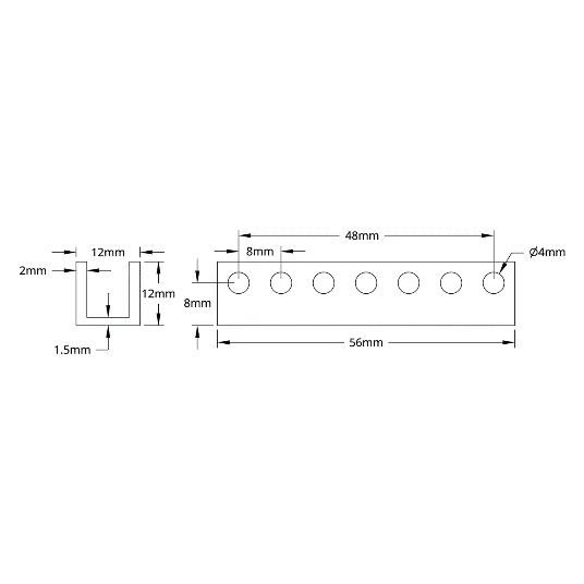 3101 Series U-Beam (7 Hole, 56mm Length) technical drawing