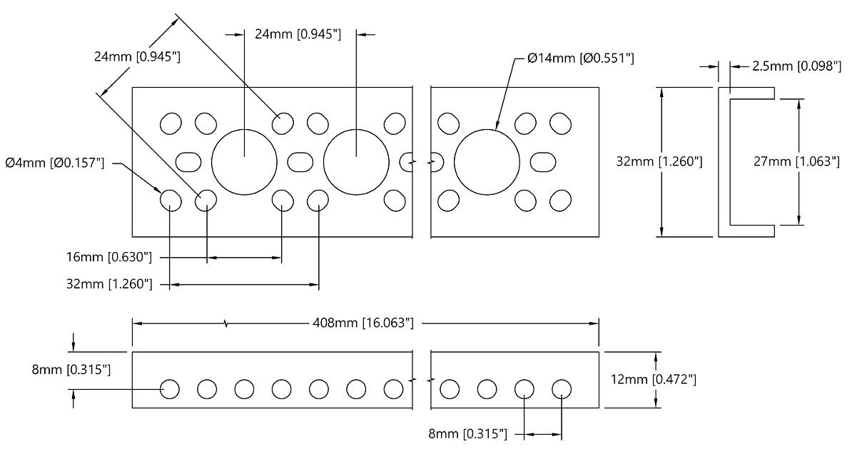 3143 Series Mini Low-Side U-Channel (16 Hole, 408mm Length) technical drawing