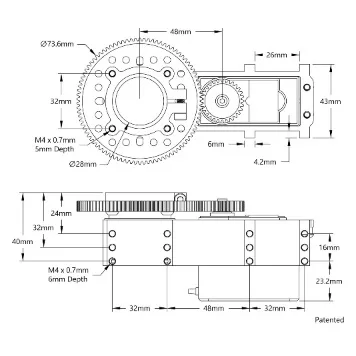 5206 Series Servo Gearbox for large Size Servos( 3:1 Ratio,no servo) technical drawing