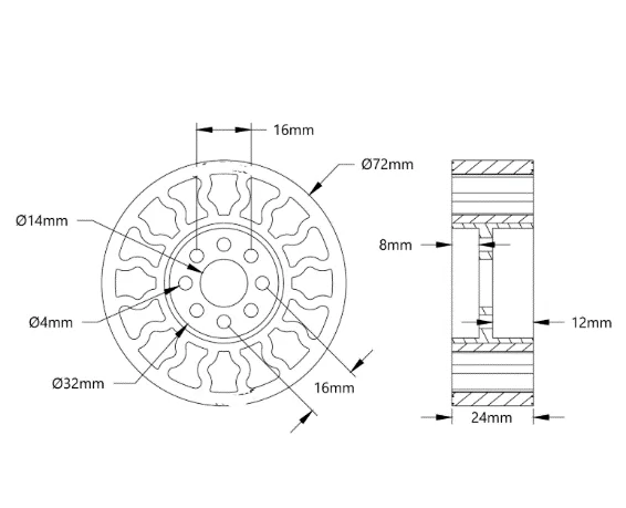 5613 Series Gecko™ Wheel (14mm Bore, 72mm Diameter) technical drawing