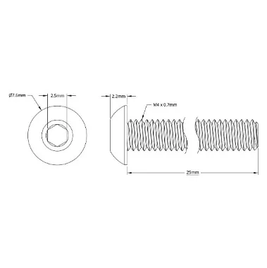 2802 Series Zinc-Plated Steel Button Head Screw (M4 x 0.7mm, 25mm Length) technical drawing