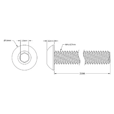 2802 Series Zinc-Plated Steel Button Head Screw (M4 x 0.7mm, 35mm Length) technical drawing
