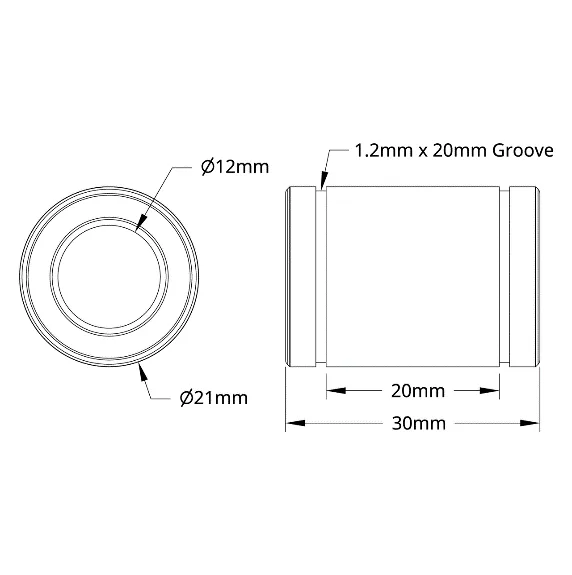 3612 Series Linear Ball Bearing (12mm ID x 21mm OD, 30mm Length) - 2 Pack technical drawing