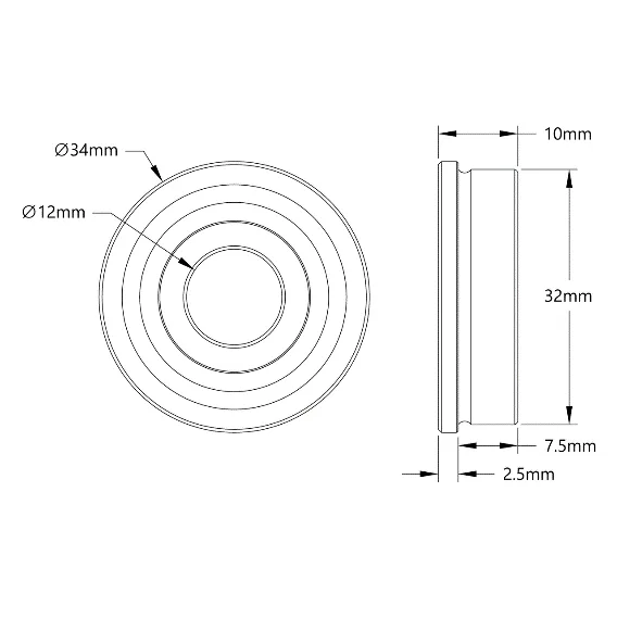 3601 Series Flanged Ball Bearing (12mm ID x 32mm OD, 10mm Thickness) technical drawing
