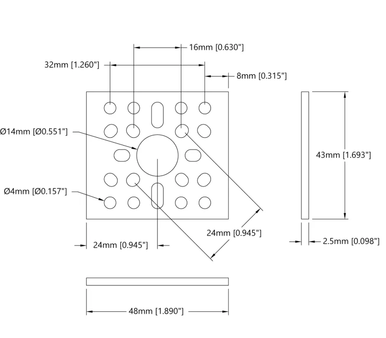 3123 Series Pattern Plate (1 x 1 Hole, 43 x 48mm) technical drawing