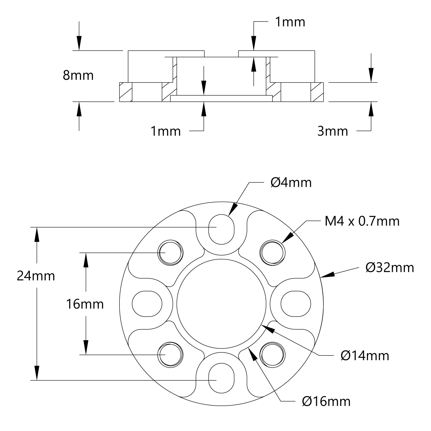 3505 Series 32mm OD Counterbored Pattern Spacer (8mm Length) technical drawing