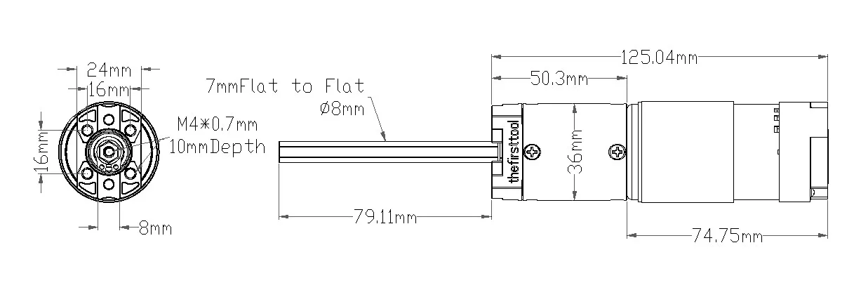 7204 Series Planetary Gear Motor (139:1 Ratio, 80mm Length 8mm REX Shaft, 43 RPM, 3.3 - 5V Encoder) technical drawing