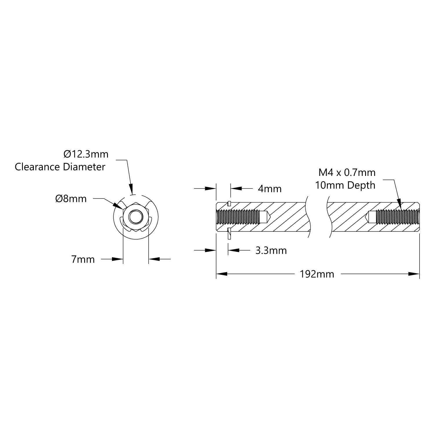 4106 Series Stainless Steel REX Shaft (8mm Diameter, 192mm Length) technical drawing