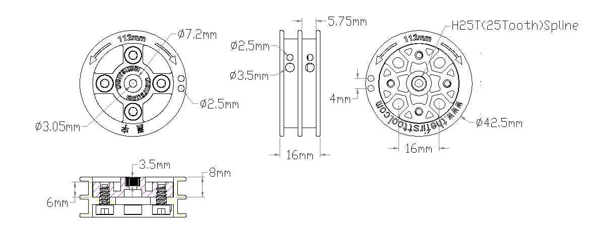 5410 Series Servo-Mount Winch Pulley (25T Spline, Dual Spool, 112mm Circumference) technical drawing