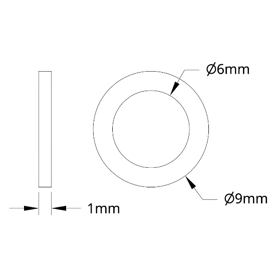 4807 Series Stainless Steel Shim (6mm ID x 9mm OD, 1mm Thickness) technical drawing