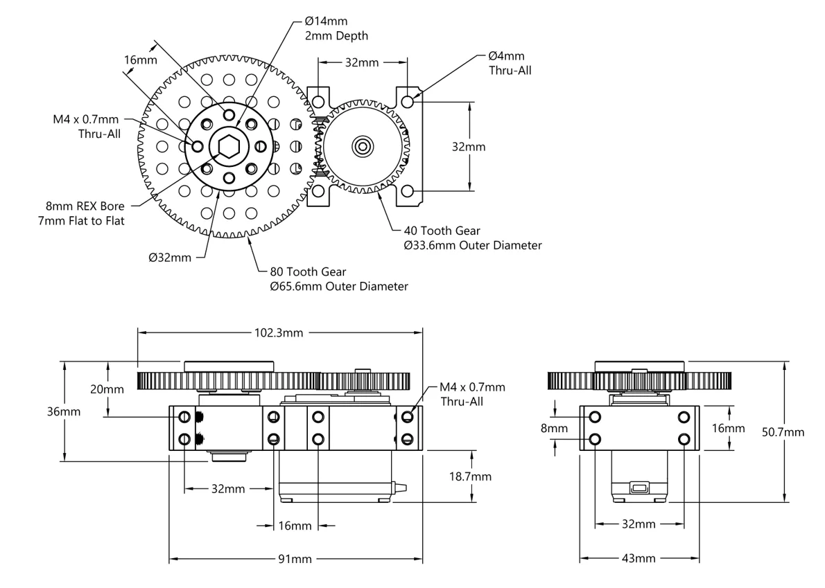 Stingray-2 Servo Gearbox (0.34 sec/60°, 30RPM, 700 oz-in Torque, 900° Rotation) technical drawing