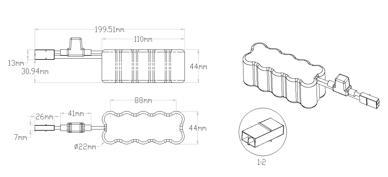 MAX 12-Volt Rechargeable 3,000 mAh NiMH Battery Pack technical drawing