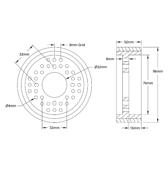 5601 Series Rhino Wheel (32mm Bore, 96mm Diameter) technical drawing