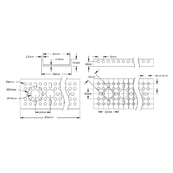 3121 Series Low-Side U-Channel (18 Hole, 456mm Length) technical drawing
