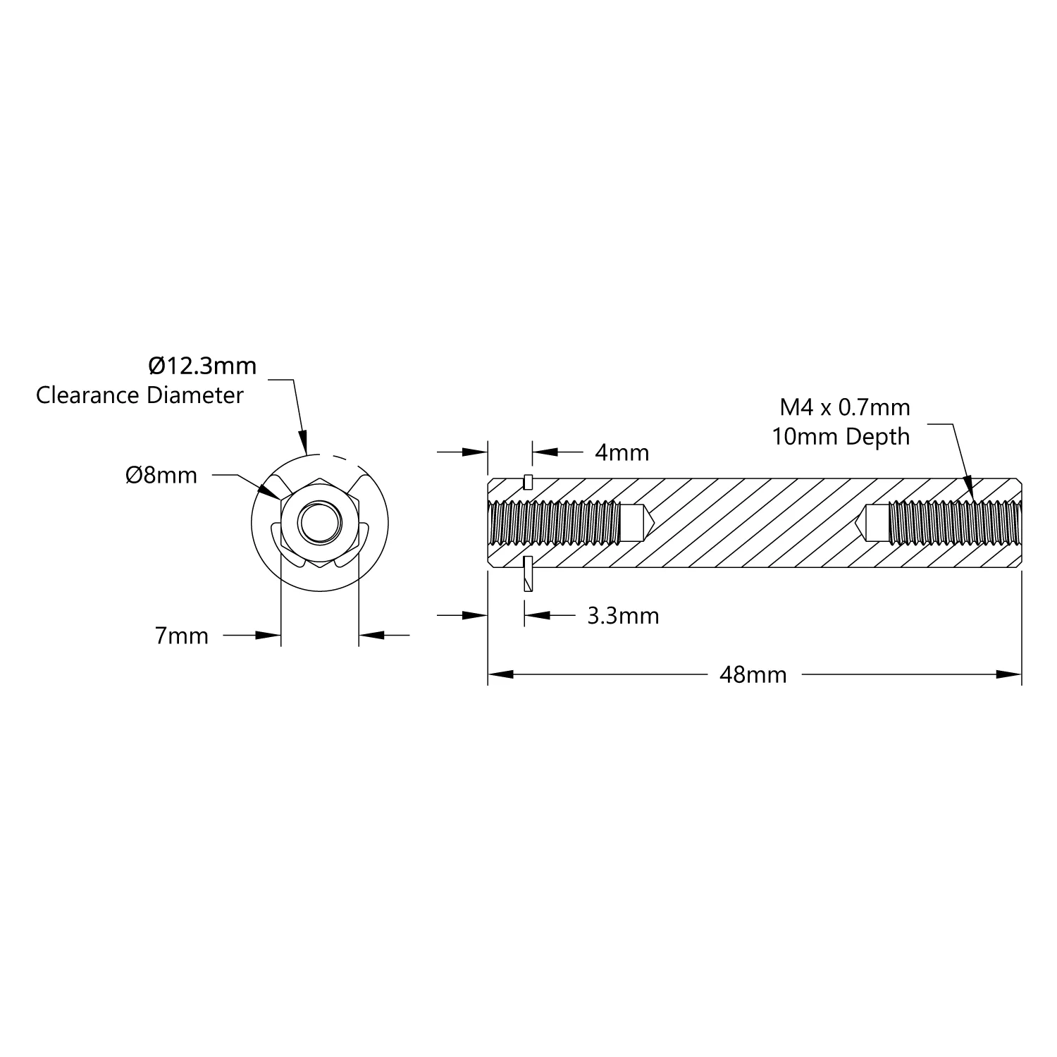 4106 Series Stainless Steel REX Shaft (8mm Diameter, 48mm Length) technical drawing