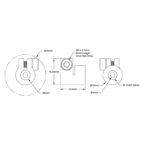 6001 Series Clamping Servo to Shaft Coupler (25 Tooth Spline to 6mm Round Bore) technical drawing