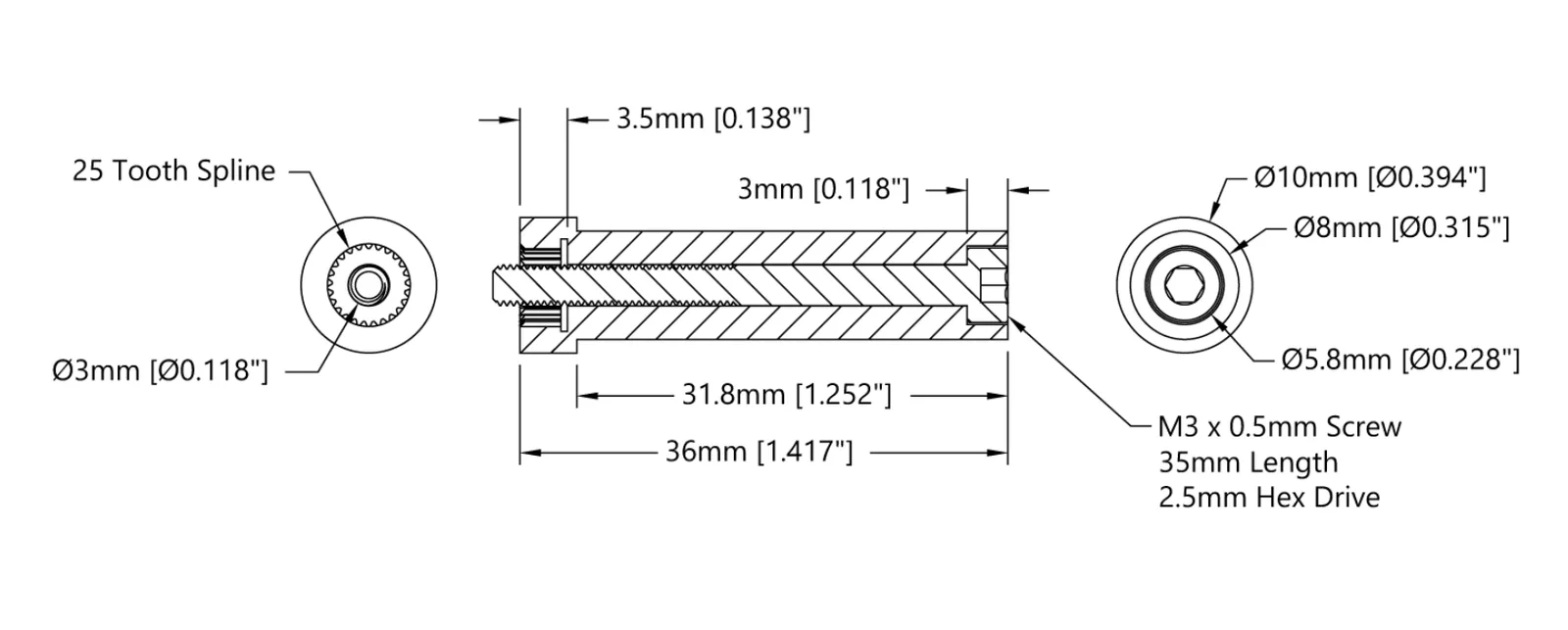 8mm Round Servo Shaft (25 Tooth Spline, 36mm Length) technical drawing