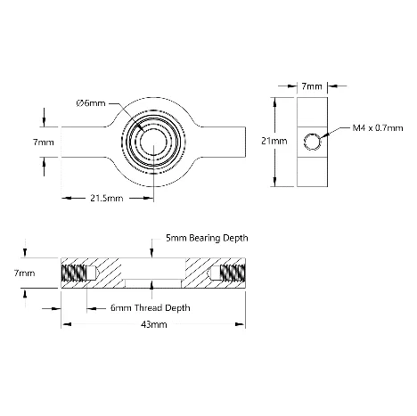 3606 Series 2-Side, 1-Post Pillow Block (6mm Bore) technical drawing