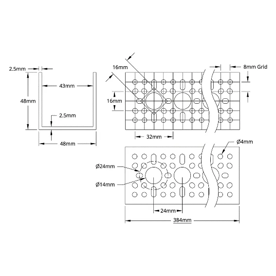 3120 Series U-Channel (15 Hole, 384mm Length) technical drawing