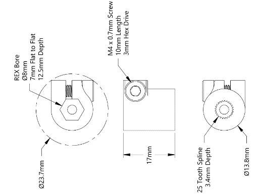 6001 Series Clamping Servo to Shaft Coupler (25 Tooth Spline to 8mm REX Bore) technical drawing