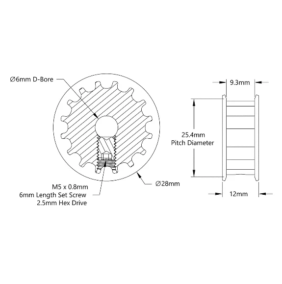 5414 Series 5mm HTD Pitch Set Screw Pinion Timing Belt Pulley (6mm D-Bore, 16 Tooth) technical drawing