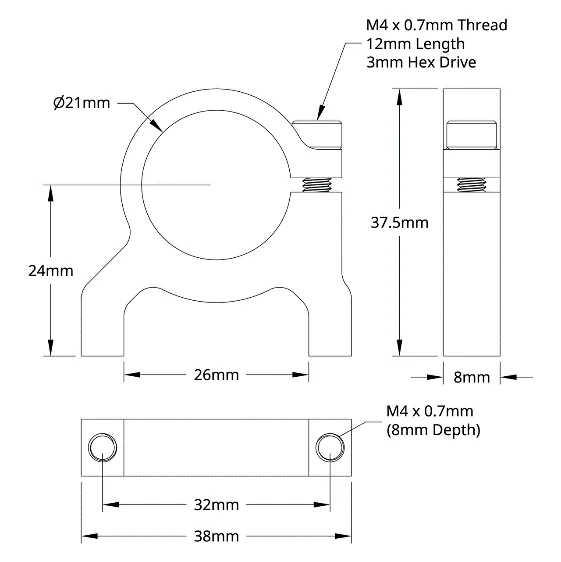 3400 Series 1-Side, 2-Post Clamping Mount (21mm Bore) technical drawing