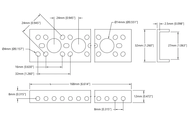 3143 Series Mini Low-Side U-Channel (6 Hole, 168mm Length) technical drawing