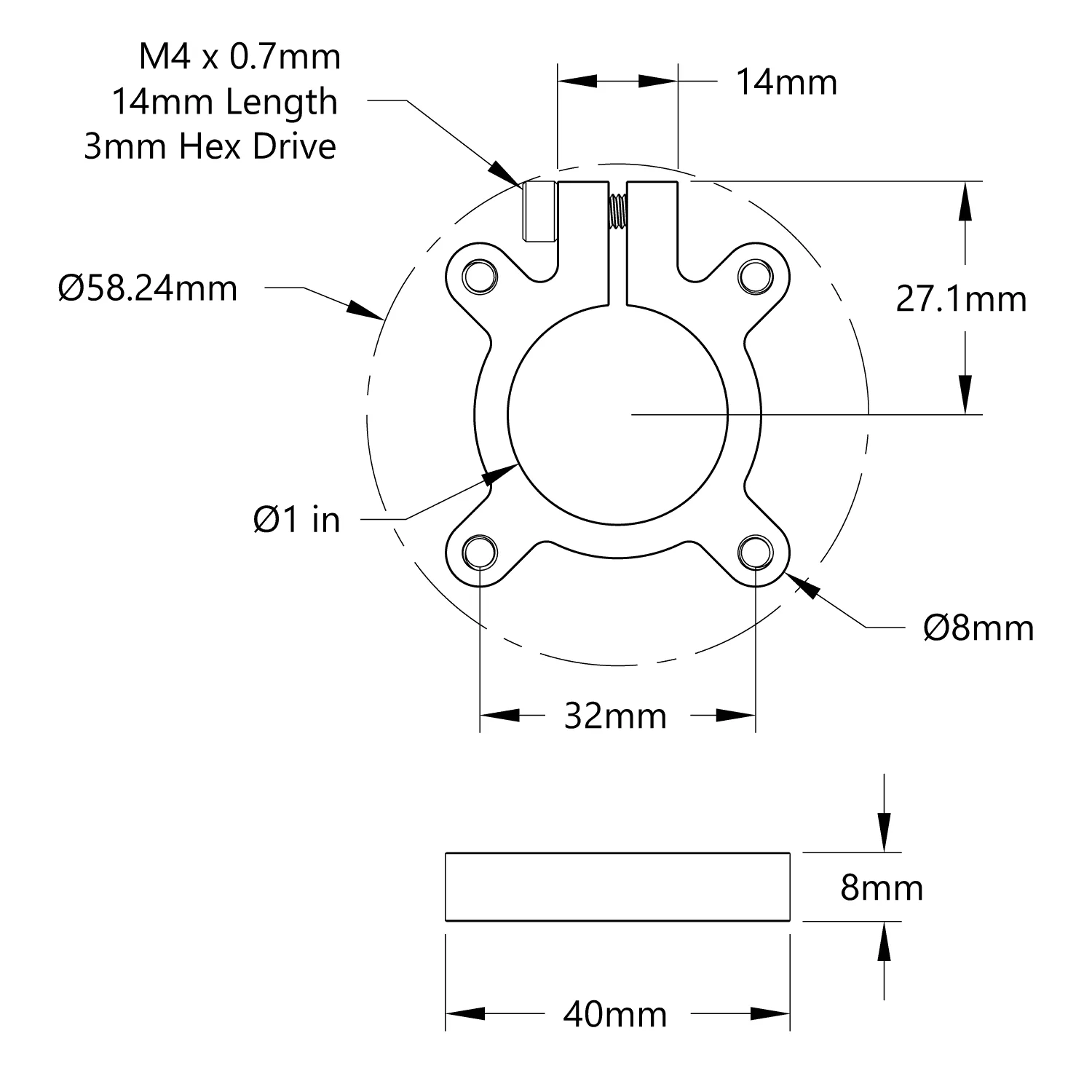 3302 Series Clamping Hub (1" Bore) technical drawing