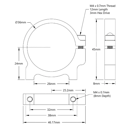 3400 Series 1-Side, 2-Post Clamping Mount (36mm Bore) technical drawing