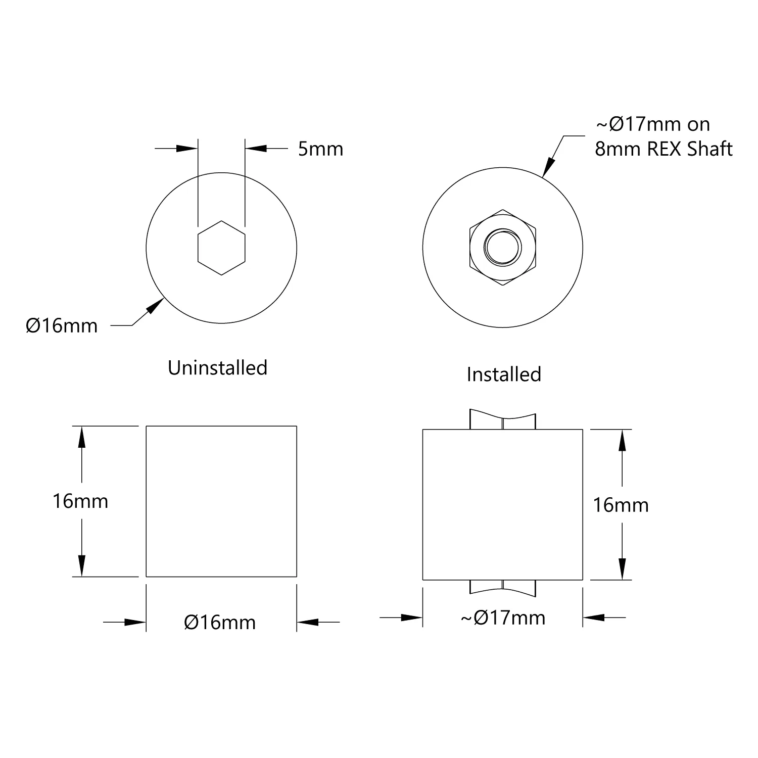 Intake Roller Wheel (8mm REX, 16mm Diameter, 16mm Width, 30A Durometer) - 8 Pack technical drawing