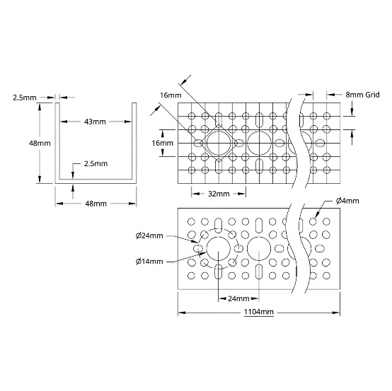 3120 Series U-Channel (45 Hole, 1104mm Length) technical drawing