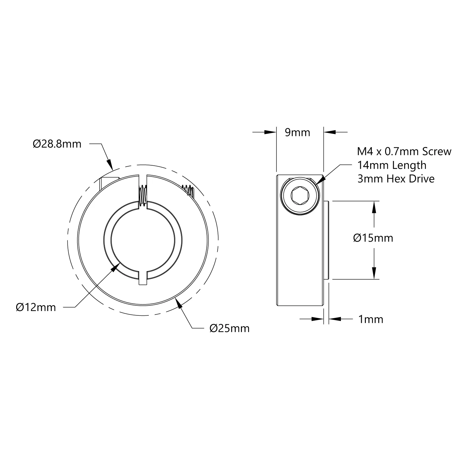 4910 Series Aluminum Clamping Collar (12mm ID x 26mm OD, 9mm Length) technical drawing