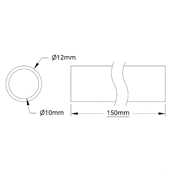 6100Series Aluminum Tube (10mm ID x 12mm OD, 150mm Length) technical drawing