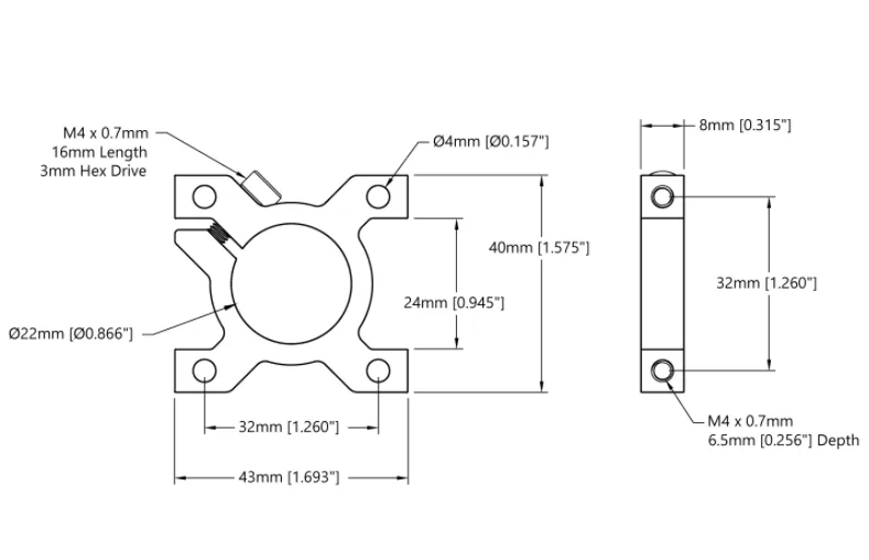 3401 Series 2-Side, 2-Post Clamping Mount (43mm Width, 22mm Bore) technical drawing