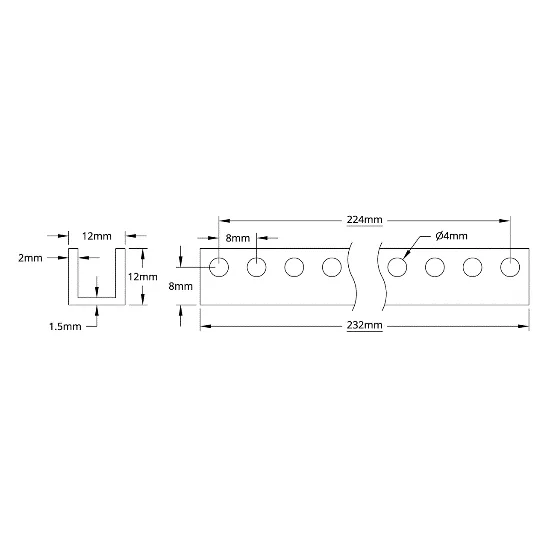 3101 Series U-Beam (29 Hole, 232mm Length) technical drawing