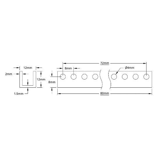 3101 Series U-Beam (10 Hole, 80mm Length) technical drawing