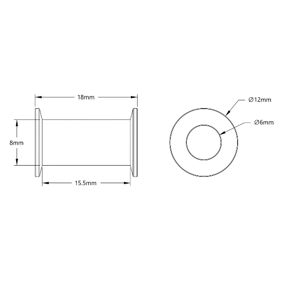 Acetal Timing Belt Idler (6mm ID x 12mm OD, 18mm Width, 1-2) - 2 Pack technical drawing