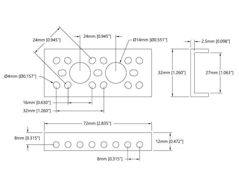 3143 Series Mini Low-Side U-Channel (2 Hole, 72mm Length) technical drawing